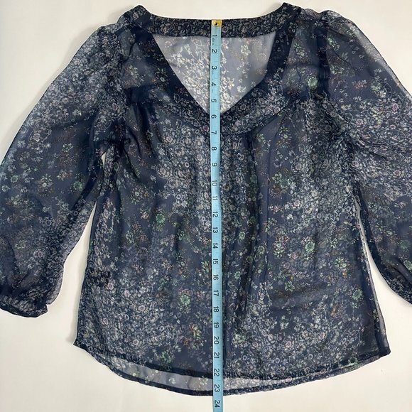 Lucca Couture Top Sheer Flowy Blouse Blue Floral Pattern 3/4 Sleeves Size Small - Picture 7 of 11